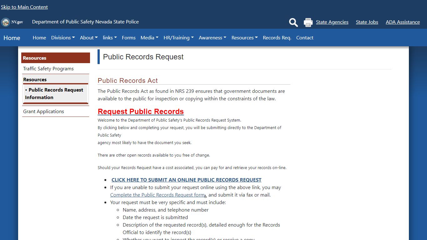 DPS Public Records Request - Nevada